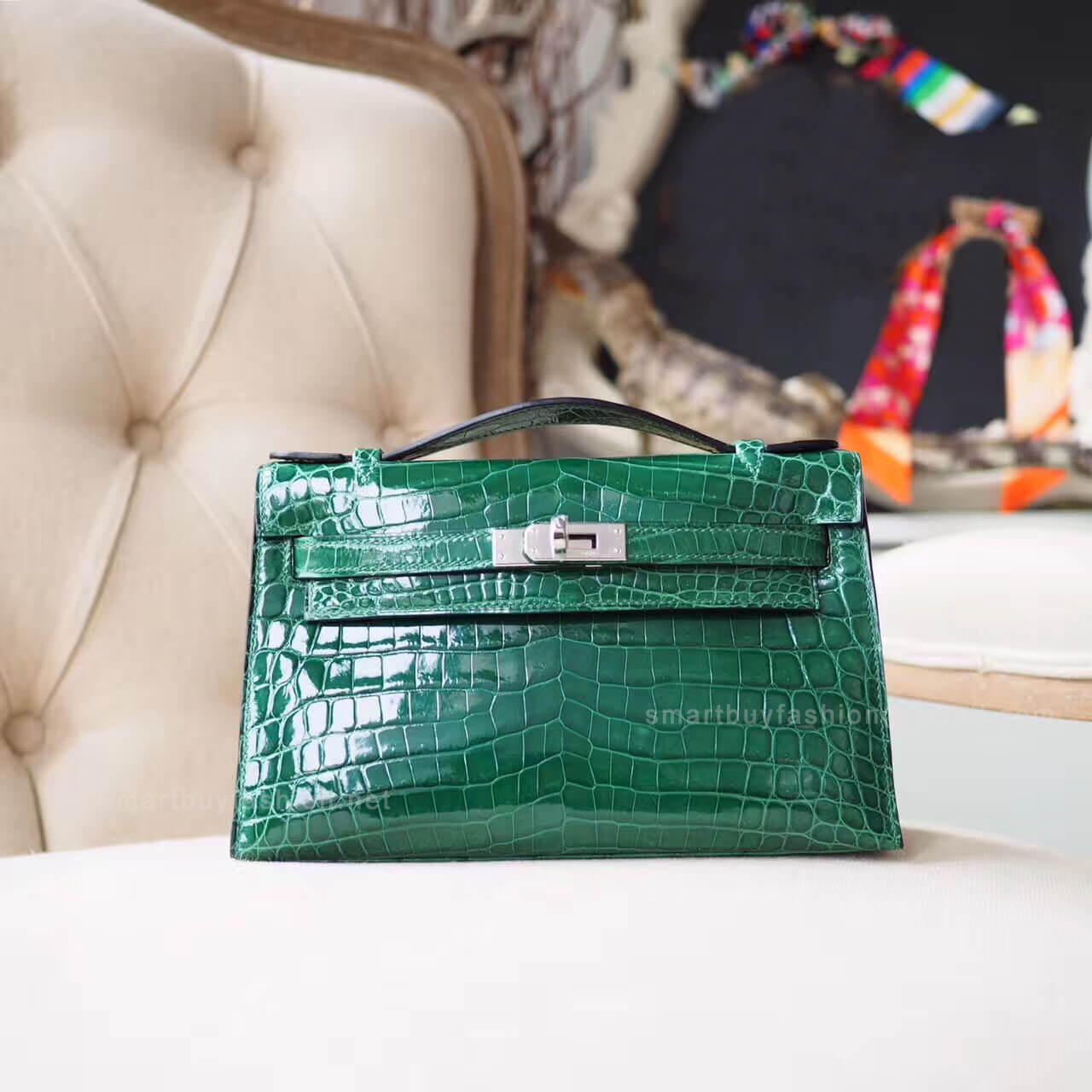 Hermes Mini Kelly II Bag in 6q Vert Emeraude Shiny Nile Croc PHW